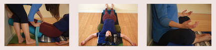 Pictures of practitioner resting with legs up on bolster, supported by blocks, blanket under the head. A yoga teacher helps the practitioner get more comfortable in the pose. Also, a practitioner using the wall and blocks for support in a seated pose.